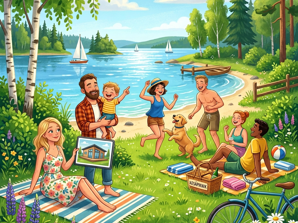 Family and friends picnicking by a lake with a cabin, sailboats, dog, and bicycle