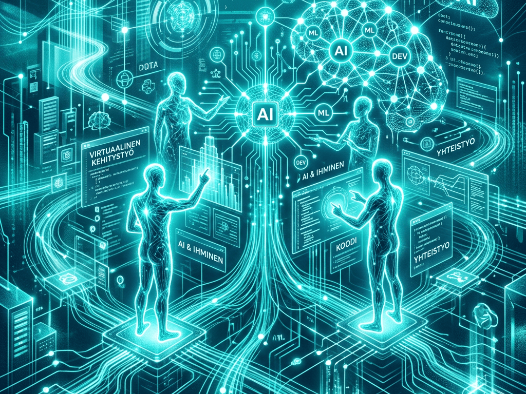 Futuristic AI network with digital humans, code, and labels including AI, ML, DEV, and YHTEISTYÖ