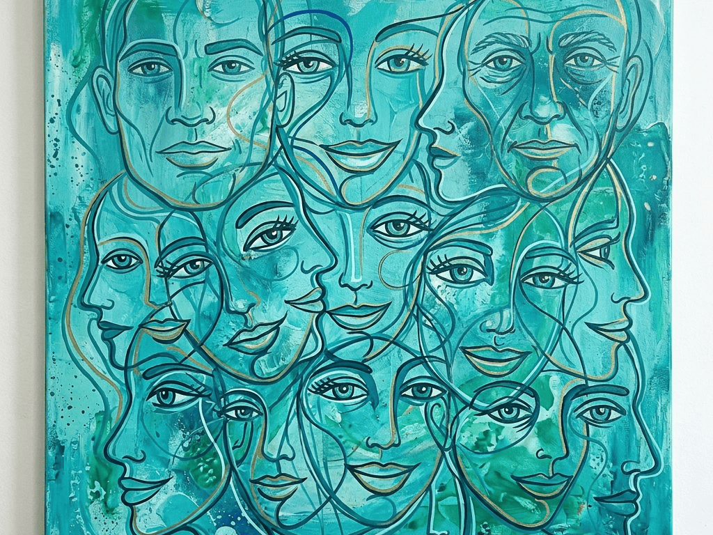 Abstract turquoise painting of overlapping human faces with expressive linework