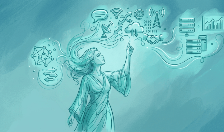 Illustrated woman reaching toward communication and technology symbols