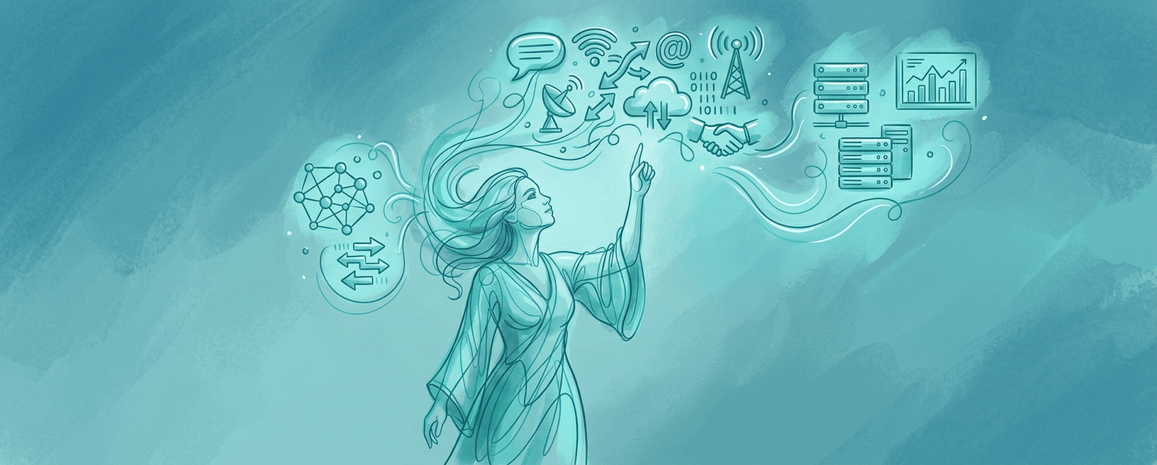 Illustrated woman reaching toward communication and technology symbols