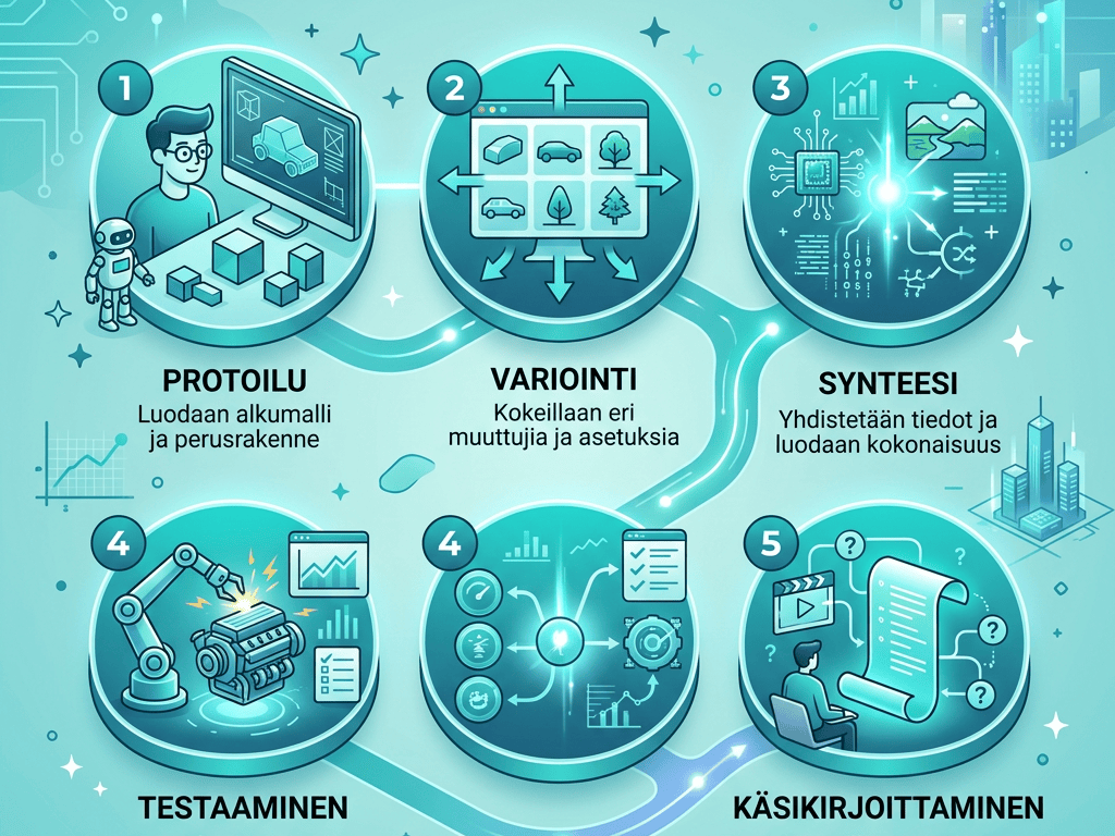 SIMULOINNIN VAIHEET: PROTOILU – Luodaan alkumalli ja perus rakenne; VARIOINTI – Kokeillaan eri muuttujia ja asetuksia; SYNTEESI – Yhdistetään tiedot ja luodaan kokonaisuus; TESTAAMINEN – Arvioidaan toimivuus ja suorituskyky; KÄSIKIRJOITTAMINEN – Määritellään säännöt, skenaariot ja logiikka; Digitaalinen Simulointi