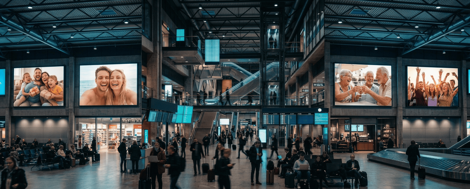 Busy airport terminal with escalators, travelers, and flight information screens