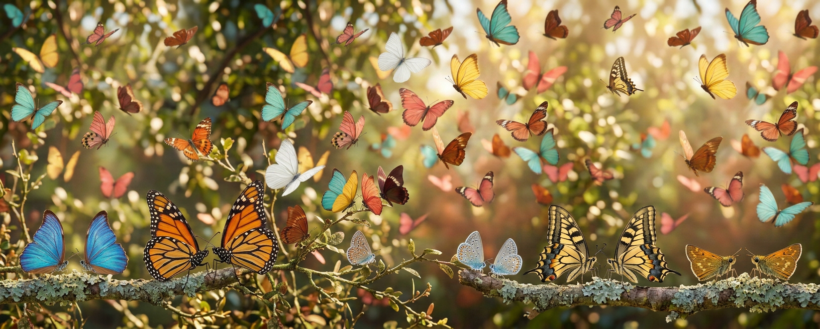 Many colorful butterflies flying and resting on lichen-covered branches