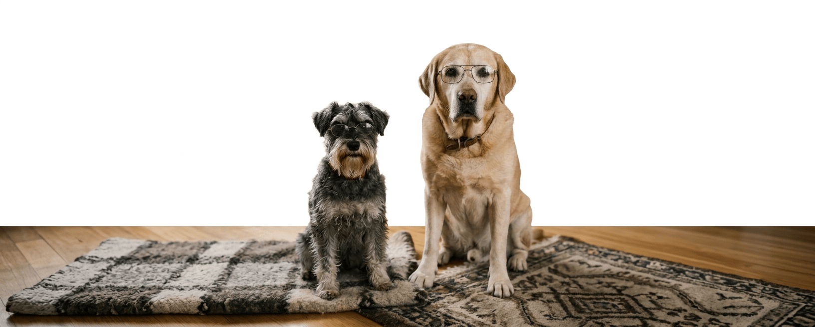Two dogs wearing glasses sit on a rug beside a fireplace