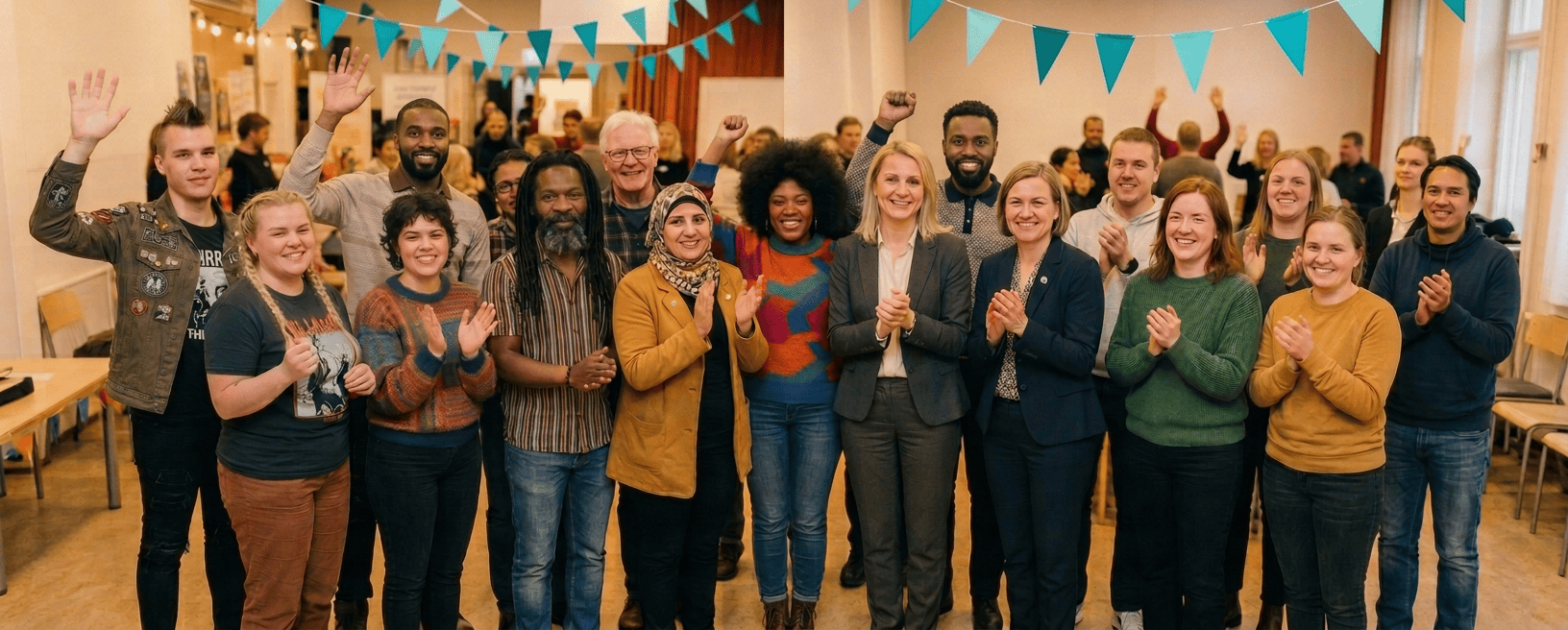 Diverse group of people celebrating with raised hands and smiles