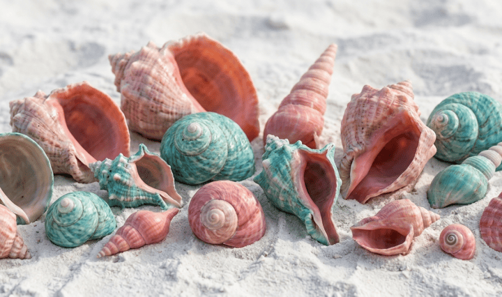 Assorted pink and turquoise seashells arranged on pale beach sand