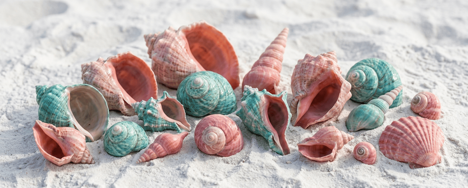 Assorted pink and turquoise seashells arranged on pale beach sand