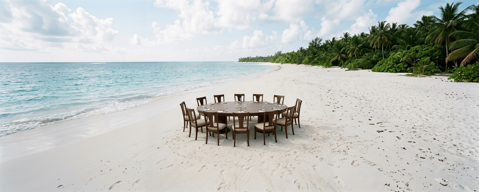 Dining table and chairs arranged on a white sandy beach