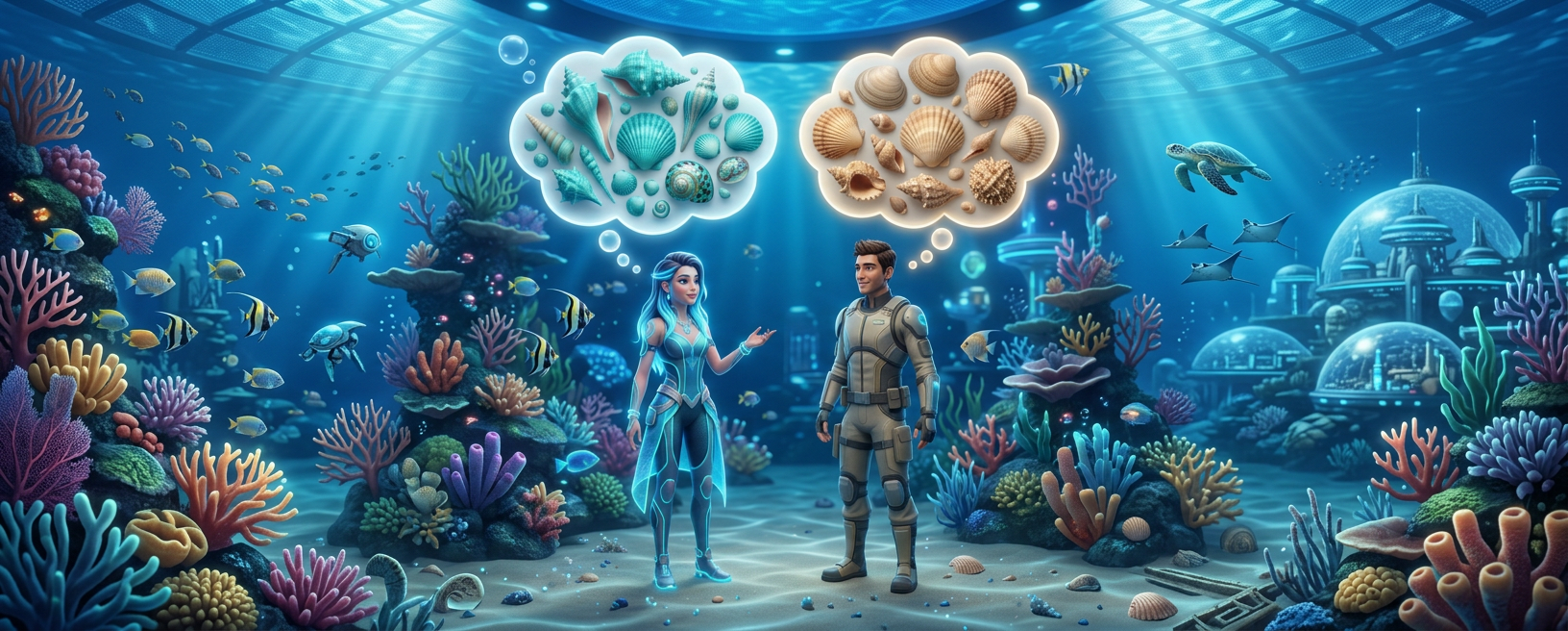 Two underwater explorers with thought bubbles displaying colorful and natural seashells