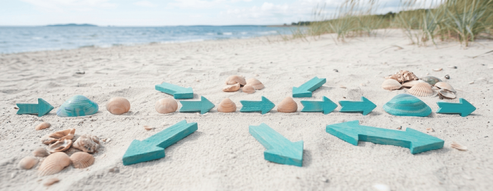 Turquoise arrows alternating with seashells on a sandy beach